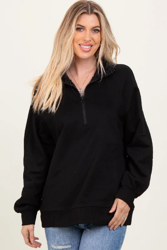 Black Half Zip Contrast Rib Sweatshirt Top