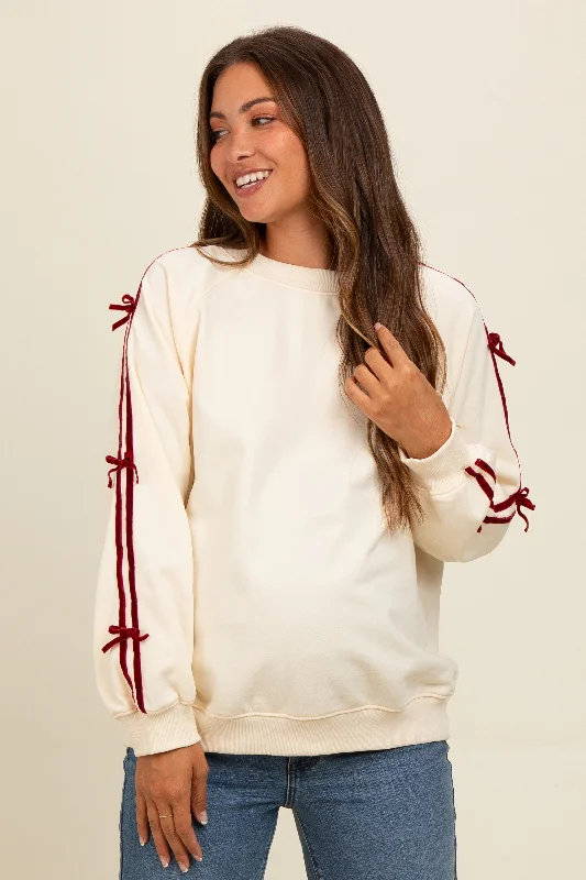 Cream Velvet Bow Accent Maternity Sweatshirt