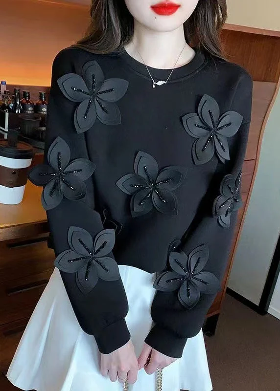 Black Zircon Patchwork Cotton Fall Sweatshirt O Neck