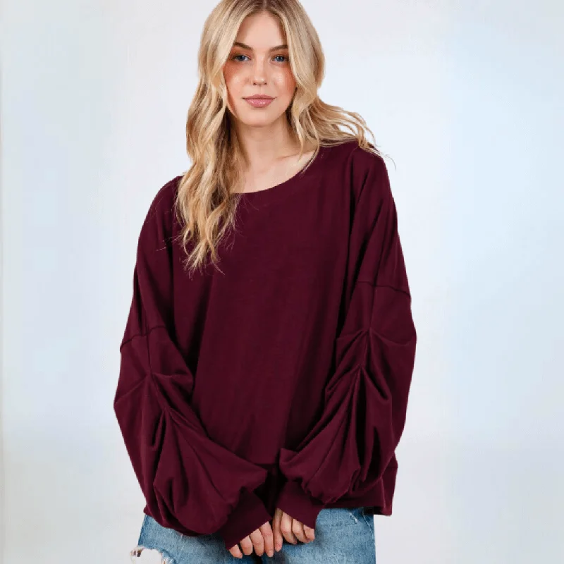 Cabernet Red Sweatshirt with Sleeve Gathering  Made in USA