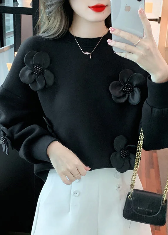 Floral Black O Neck Solid Patchwork Cotton Sweatshirt Fall