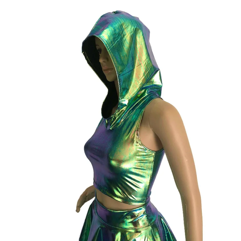 Sleeveless Cropped Hoodie - Oil Slick Holographic