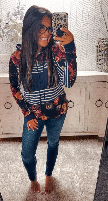 Navy Striped Floral Hoodie