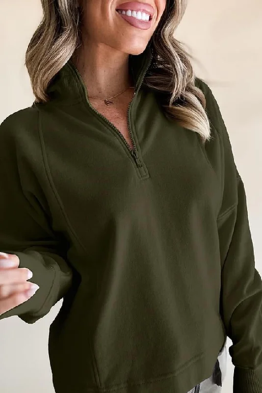 Zipped Neck Pullover Drop Shoulder Sweatshirt