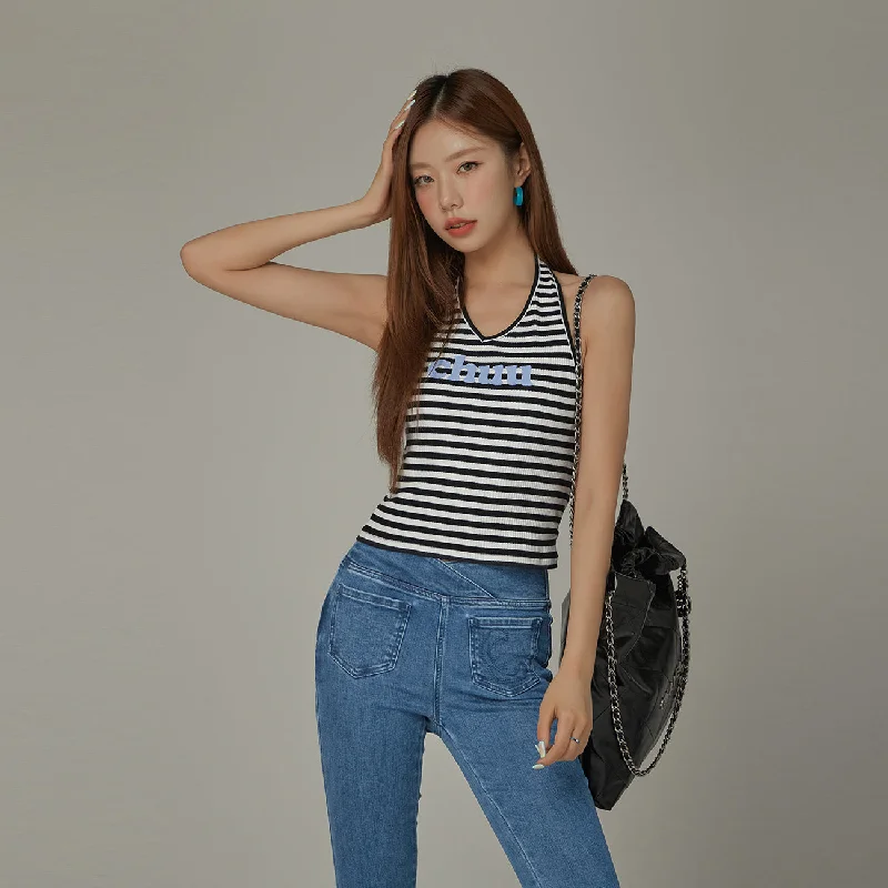 Logo Halter Neck Color Stripe Sleeveless Top