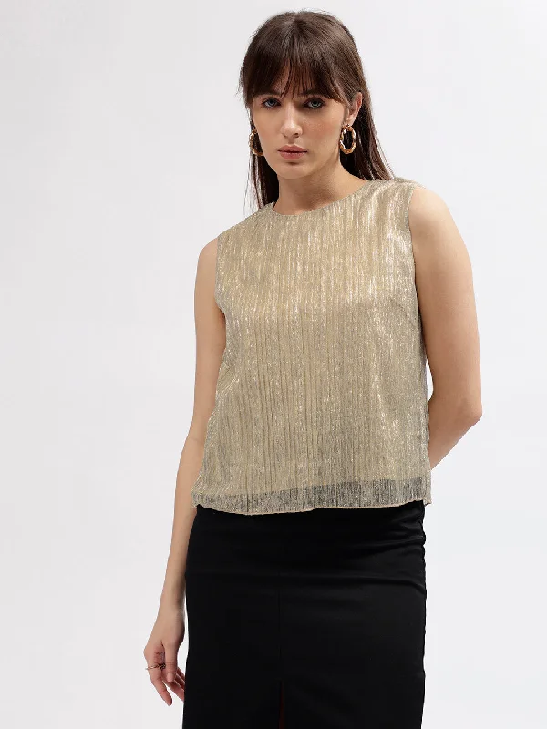 Centre Stage Women Gold Self Designed Round Neck Sleeveless Top