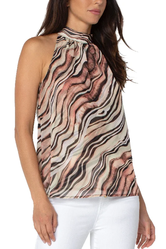 Liverpool Double Layer Sleeveless Halter Mock Neck Top In Watercolor Brush