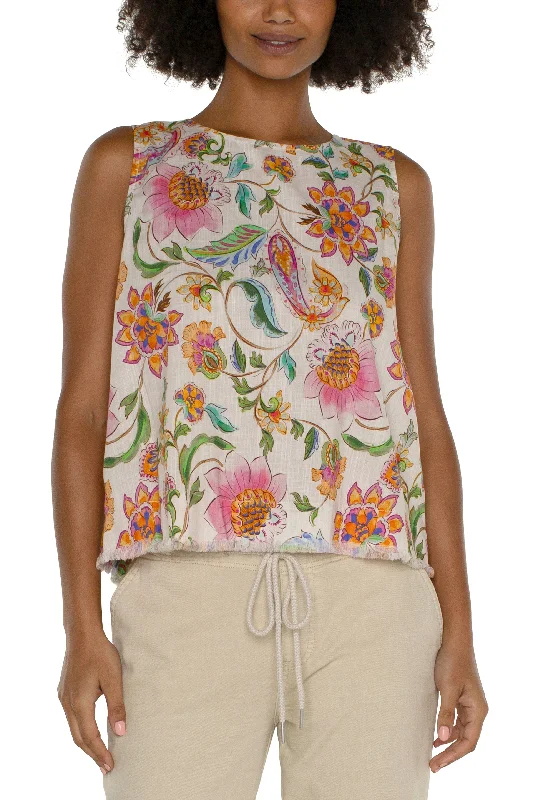 Liverpool Sleeveless Woven Top With Button Back And Frayed Hem In Pink Multi Floral