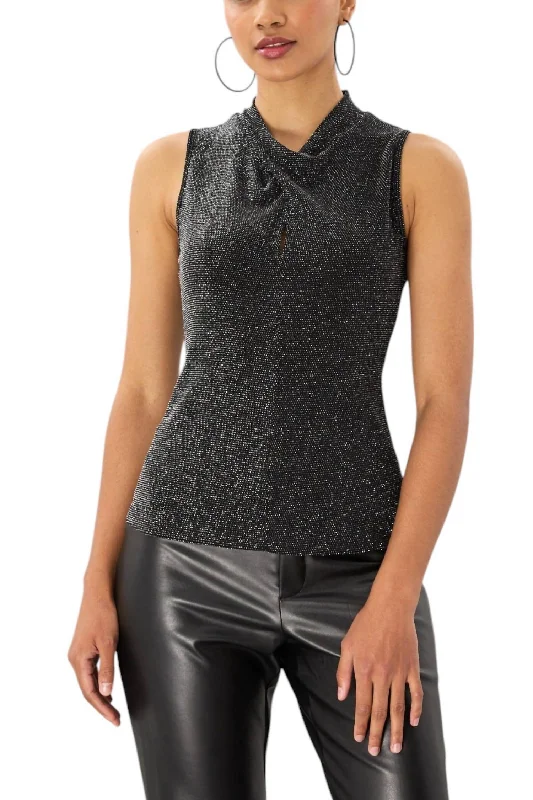 Lurex Jersey Twist Front Sleeveless Top In Black Shimmer