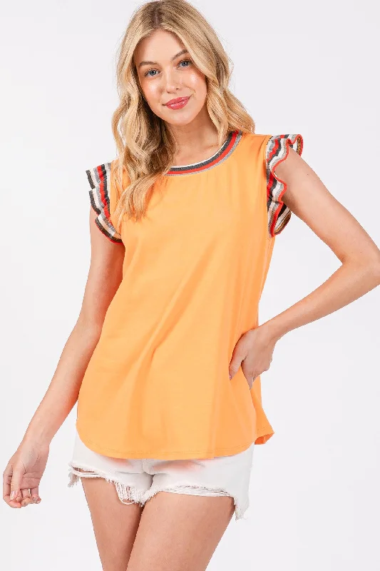 ORANGE STRIPE CONTRAST ROUND NECK SHIRRING SLEEVELESS TOP CFTT3040AG