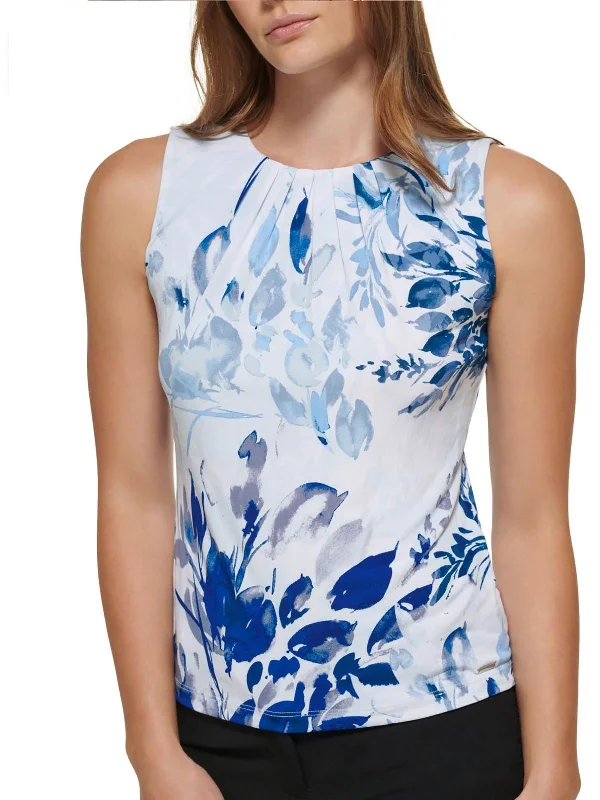 Petites Womens Sleeveless Floral Print Blouse