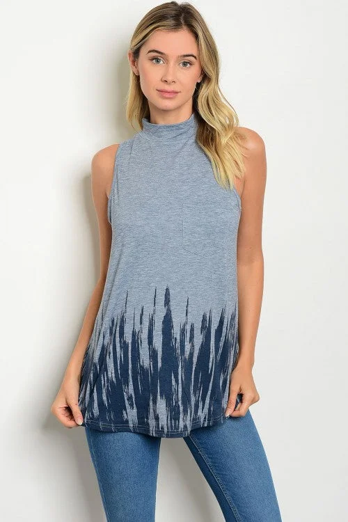 Blue Navy Sleeveless Mock Neck Tie Dye Print Top